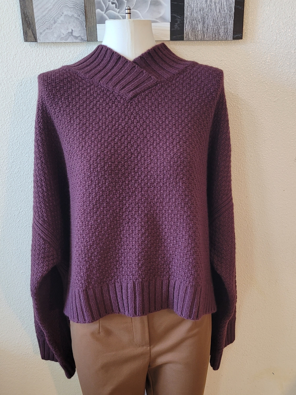 Banana Republic Oversized High Low Plum V-Neck Textured Knit Sweater